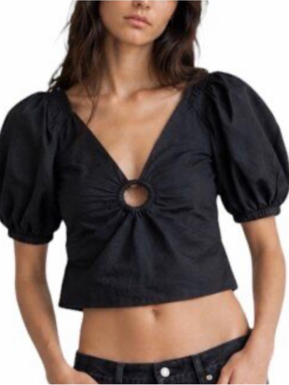 Women's Black Puff-Sleeve Ring-Front Crop Top